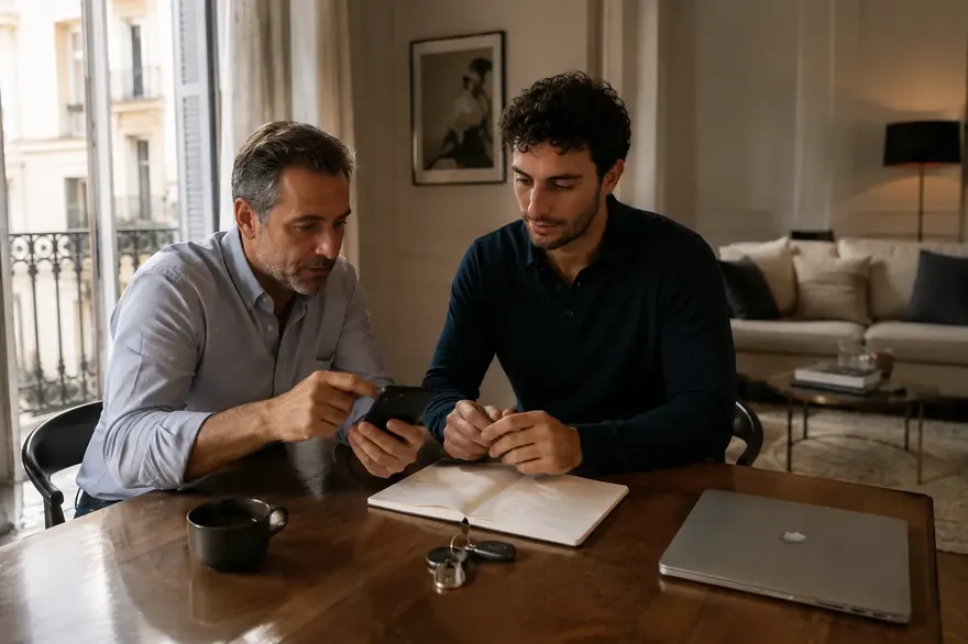 Un proprietario e il referente NDP Rent in conversazione in un appartamento nel centro di Roma